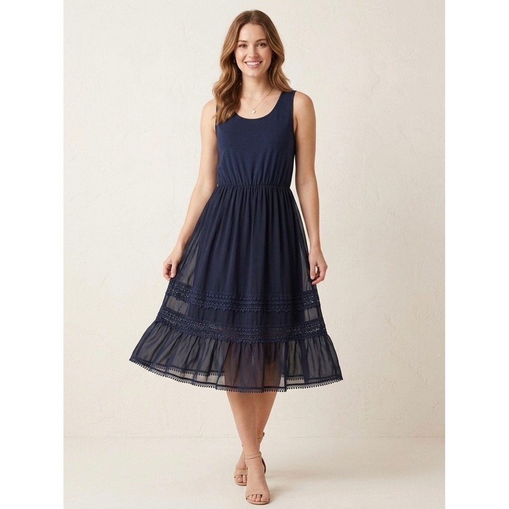 Ryu Navy Blue Sleeveless Lace Trim Chiffon Tiered Dress RDA3871-A6N3 Medium